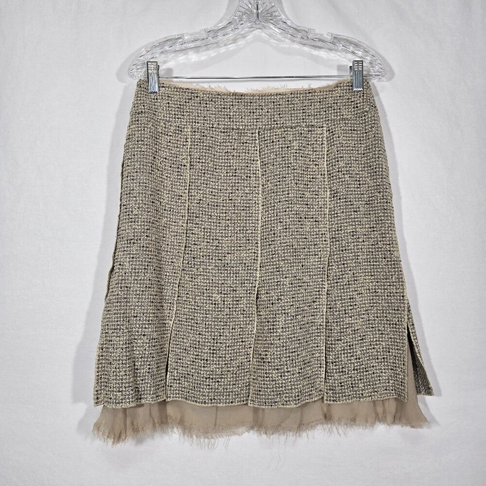 Sirencore Beige/Sage TWEED Panels Asymmetrical Frayed Hem Midi-Skirt Women Sz 4P